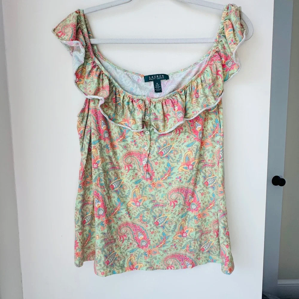 Vintage 90s Y2K Lauren Ralph Lauren 1X Plus Paisley Ruffle Neck Cotton Knit Top